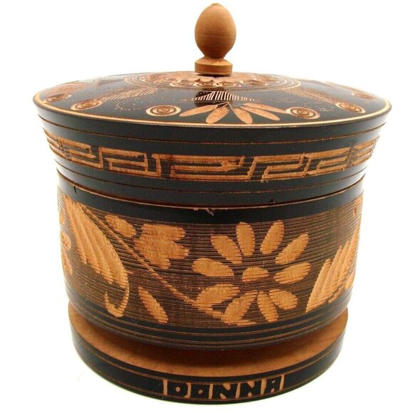 Hand Carved Handmade Wood Trinket Jewelry Box Jar w/ Lid Personalized Donna 5x4" - Picture 1 of 11